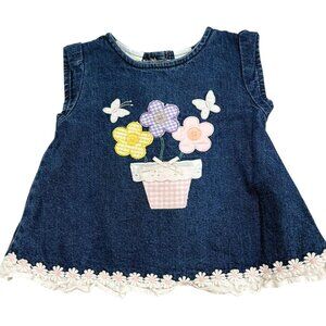 Baby Girl Miniwear Sleeveless Denim Top 6/9 Mos Floral Embroidery Button Back